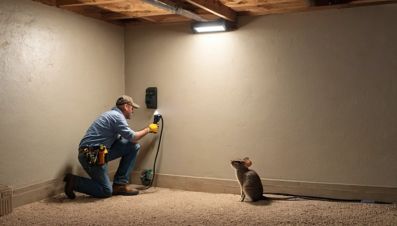 A provider checking a basement wall for pest entry points in the Bloomfield area
